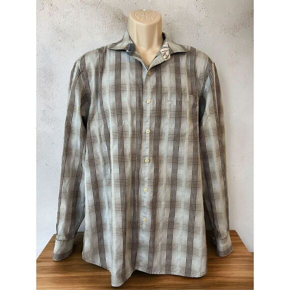 Mens Tommy Bahama Plaid Button Up Flip Cuff Shirt - size L Blue / Gray - Picture 1 of 15